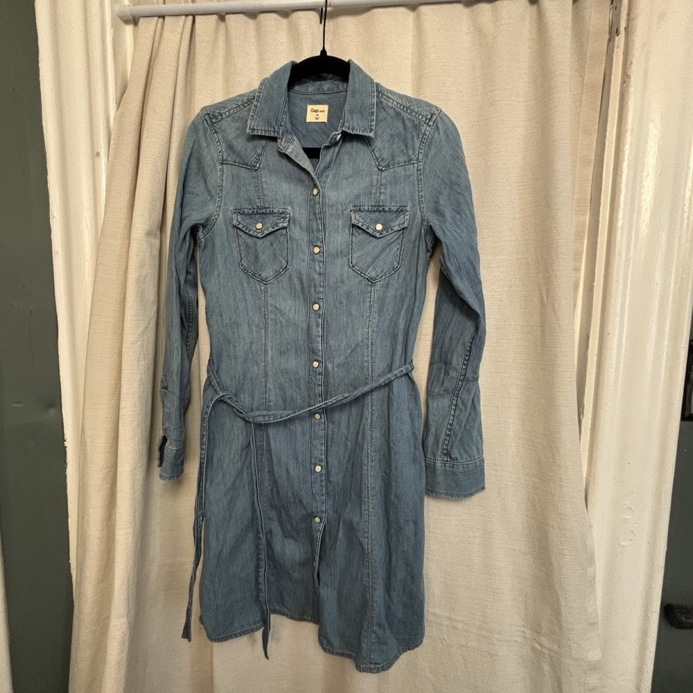 Gap 1969 Blue Cotton Denim Western Shirt Dress, XS, Long Sleeve, Belted - Picture 7 of 8